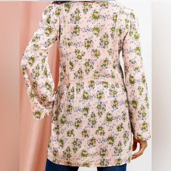 Matilda Jane Women's Size M Pink Floral Like A Lady Bohemian Crochet Tunic Top - Picture 2 of 12